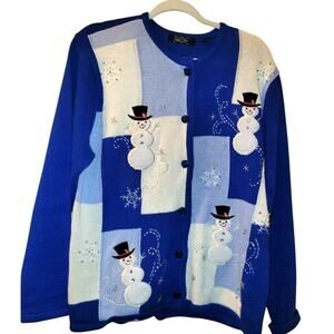 Vintage Blue Snowman Embroidered Sequined Christmas Sweater Cardigan Size L